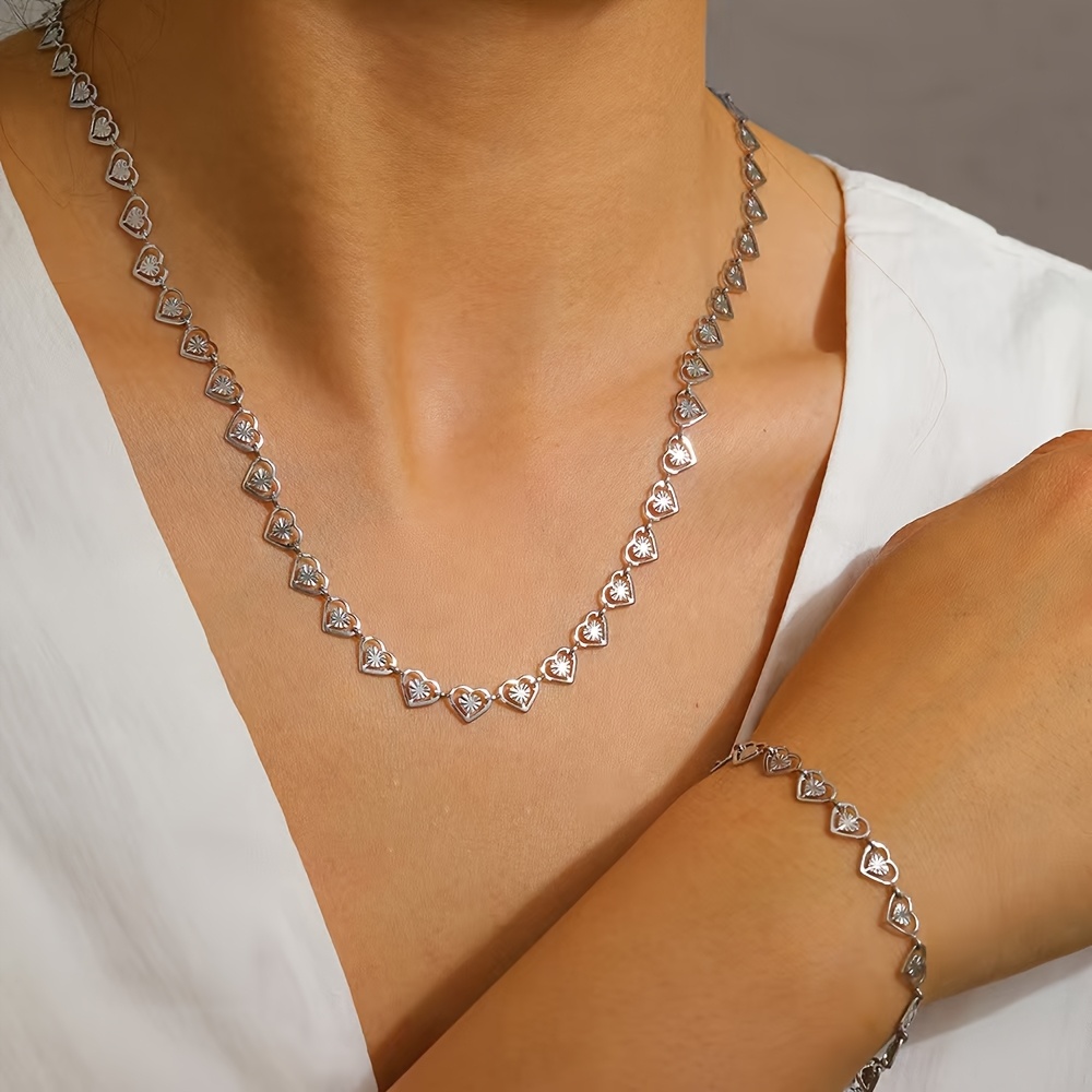 2pcs Stainless Steel Heart to Heart Bracelet Necklace Set